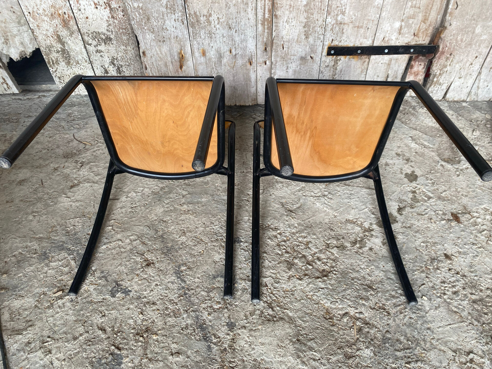 Paire Chaise Ancienne Écolier Style MULLCA Métal Noir + Bois Vintage #