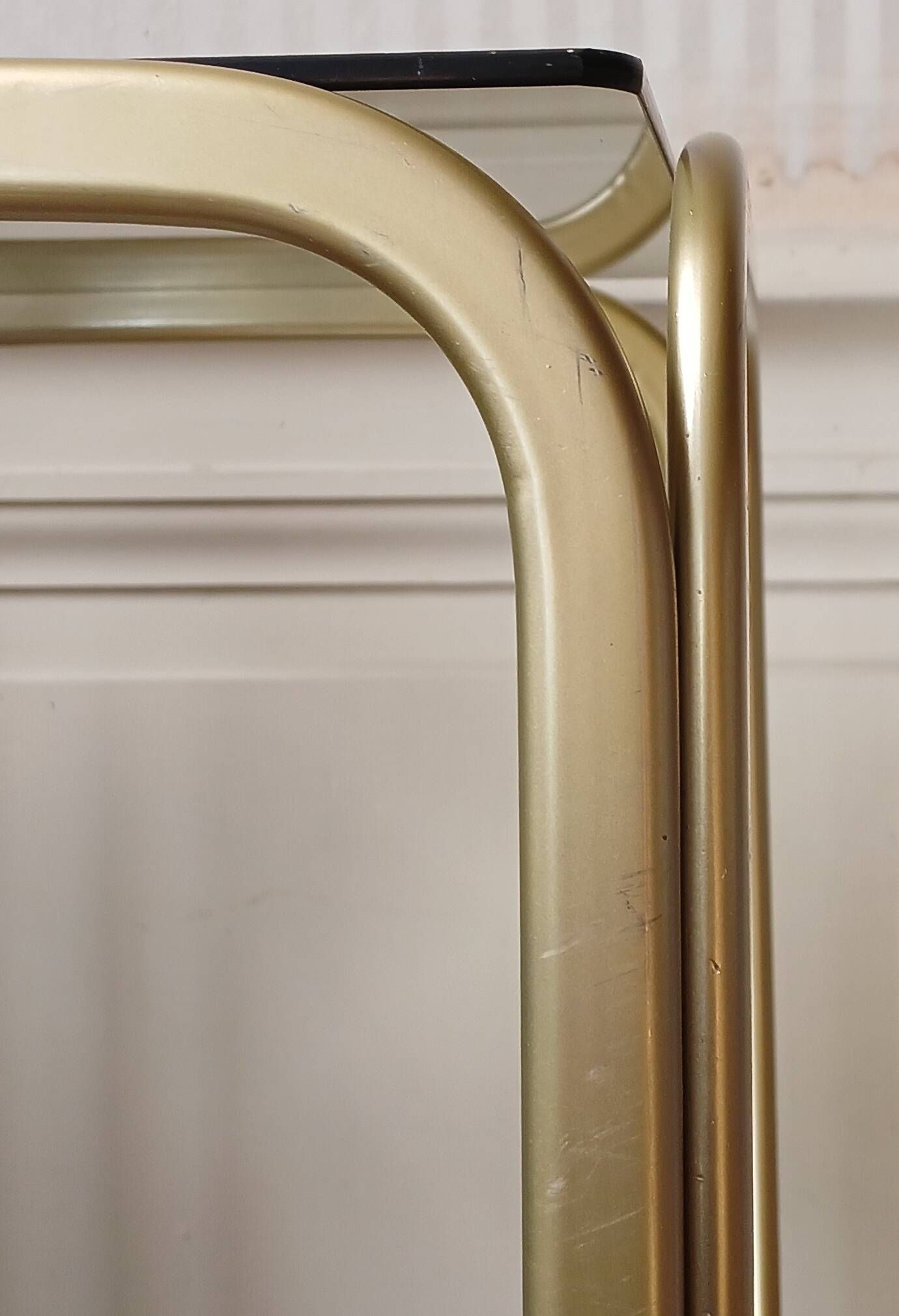 Bolster side table in gold metal, smoked glass & mirror Hollywood Regency 80's