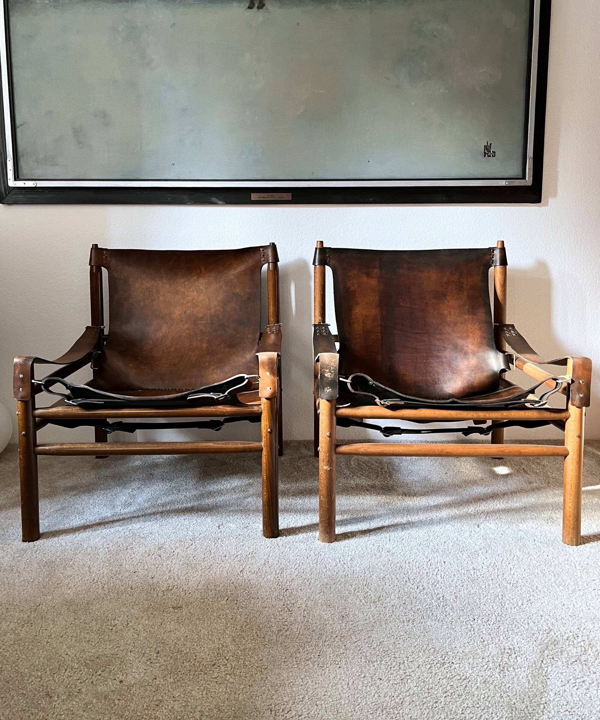 Buffalo Leather Safari Armchair in Pair, Solid Oak Frame, Vintage Style, 19