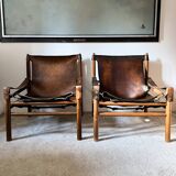 Buffalo Leather Safari Armchair in Pair, Solid Oak Frame, Vintage Style, 19