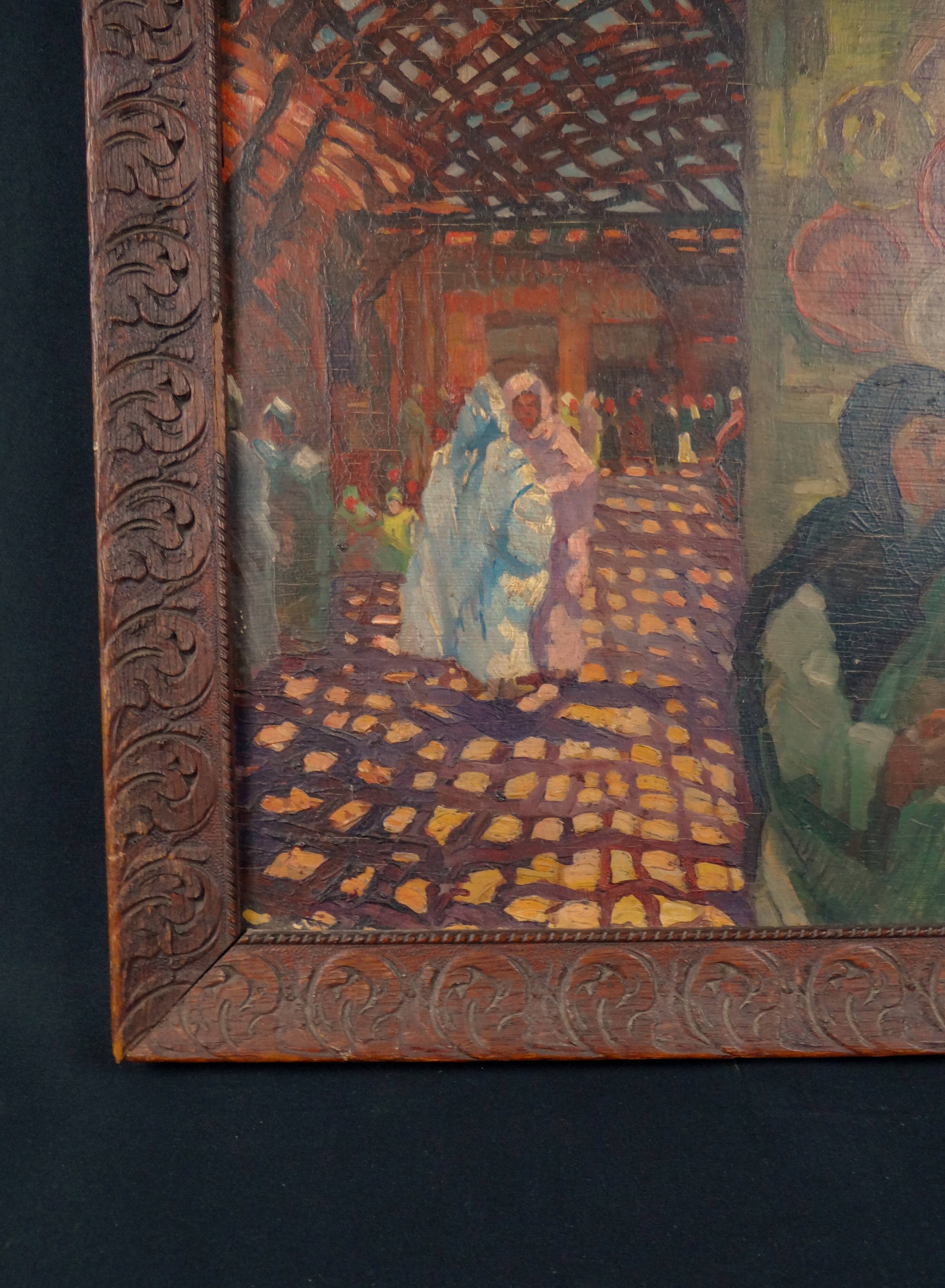 "The Souk," an Orientalist oil painting on panel, signed Émile Feher and dated 1935.