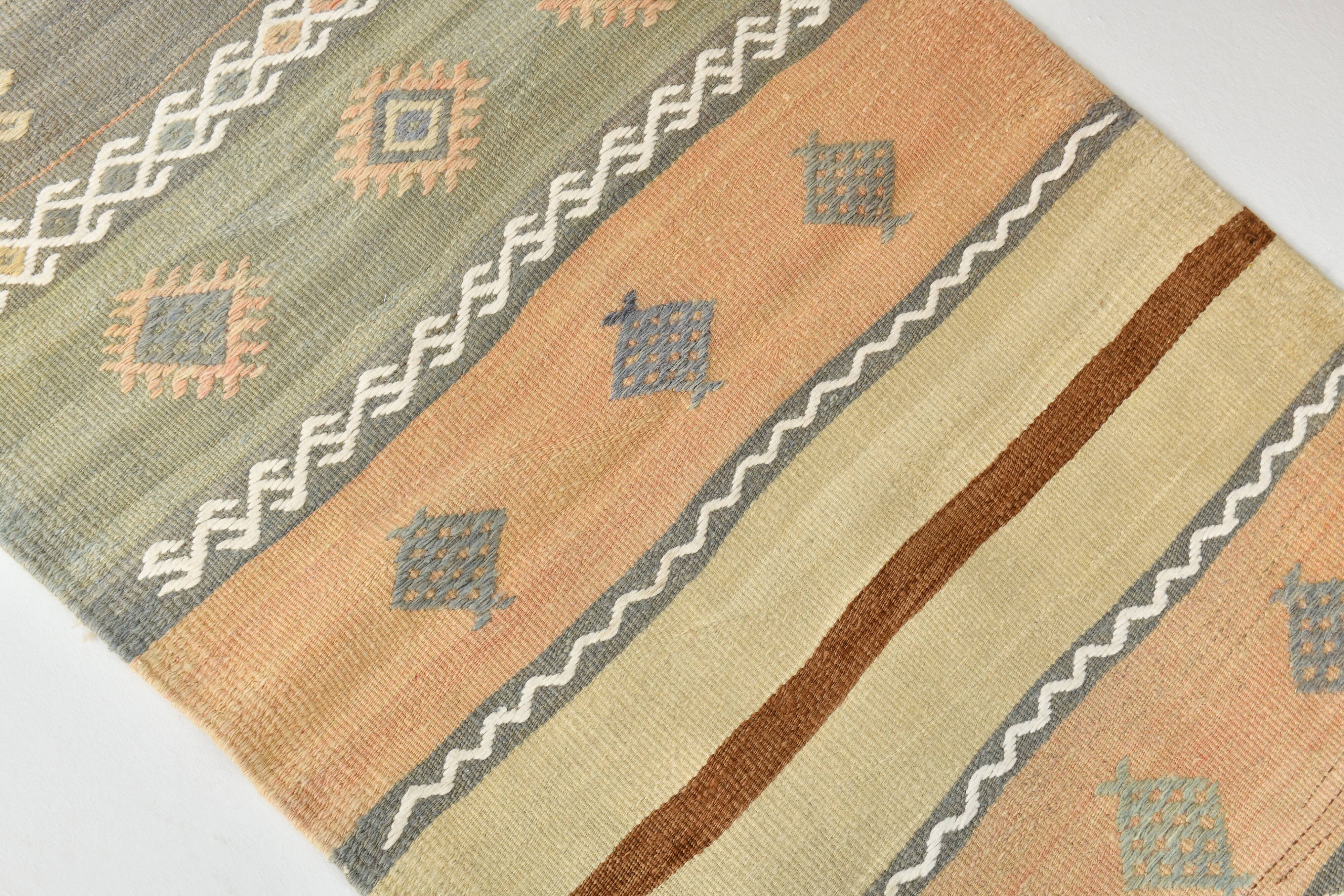 Tapis Kilim vert et crème 2x6, 63x180 cm