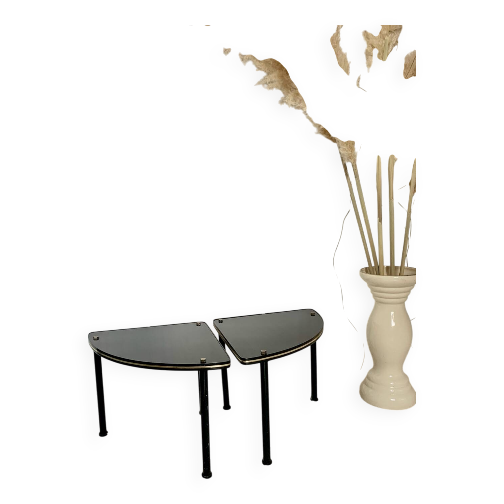 Pair of vintage 1960s side tables – wood veneer & brass, metal legs