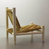 Charlotte Perriand Style Low Seat White Wicker Oak Lounge Chair and Stool