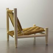 Charlotte Perriand Style Low Seat White Wicker Oak Lounge Chair and Stool