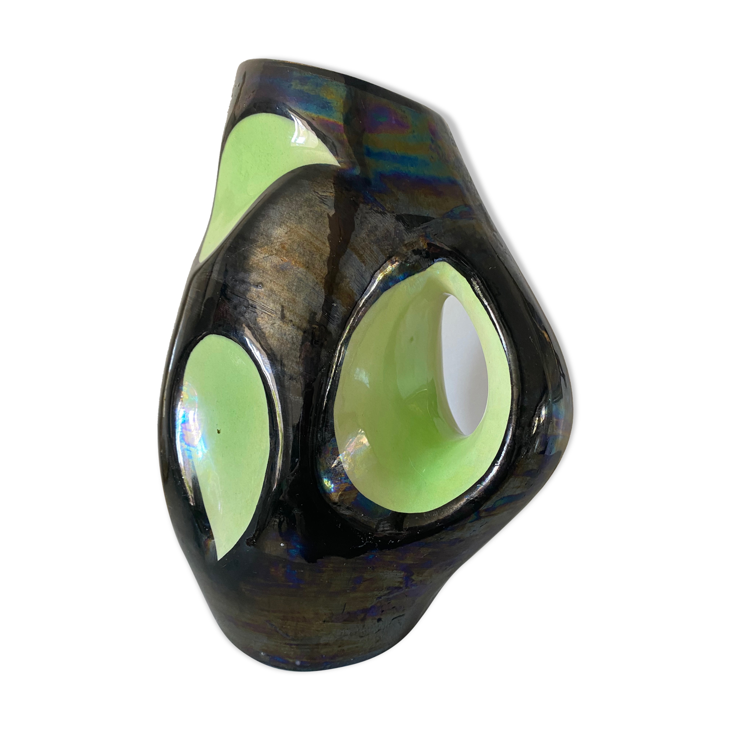 Pichet Vase céramique design 1960 (Vallauris ?) noir irisé et vert Space age