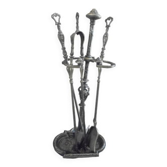 Old bronze fireplace servant decor medallion shovel clamp brooms