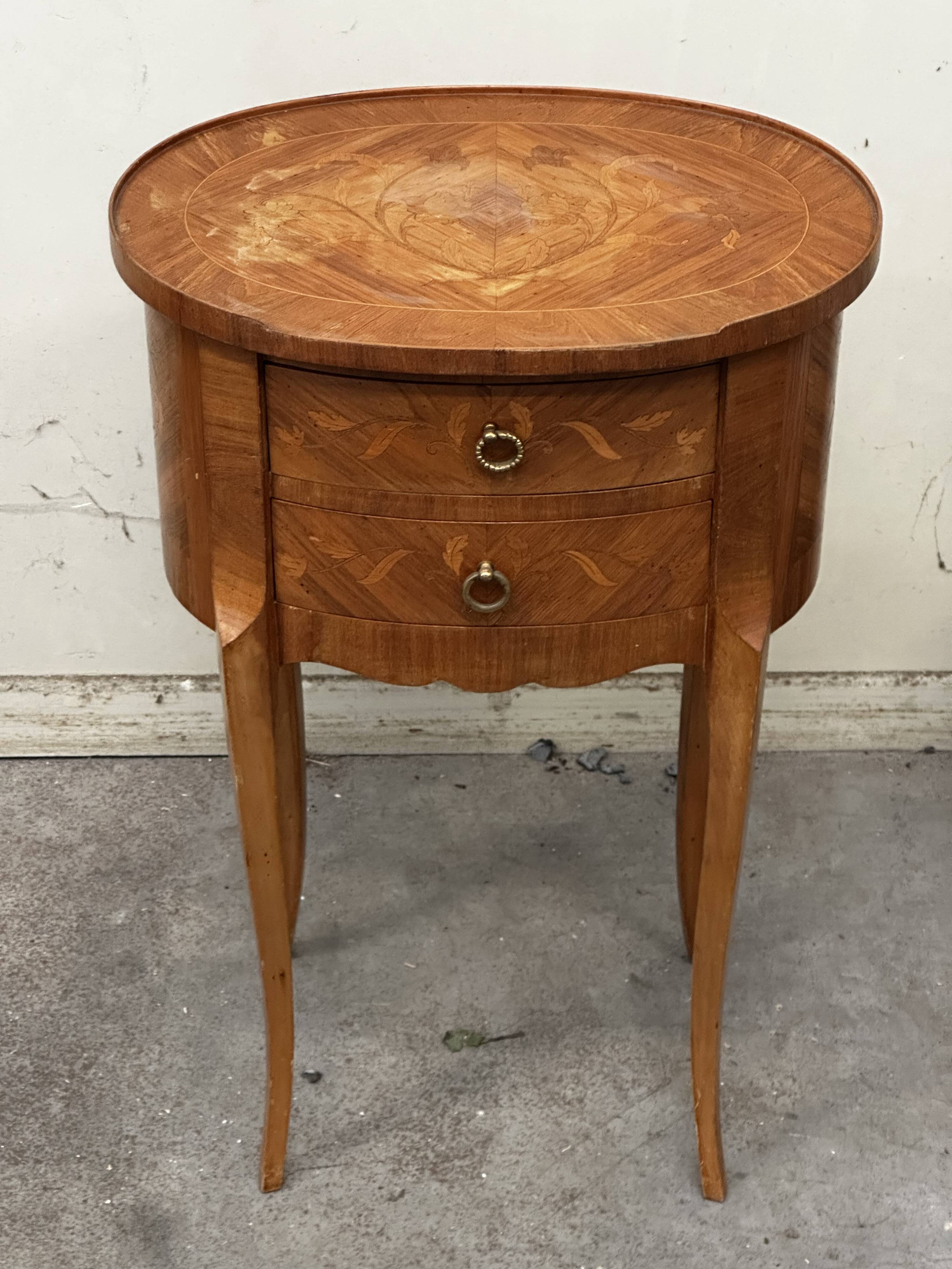Oval side table in marquetry wood, Louis XVI style - early 20th century