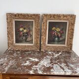 Pair, oil painting, 19th century, still life with bouquet of flowers, wooden frames, signed