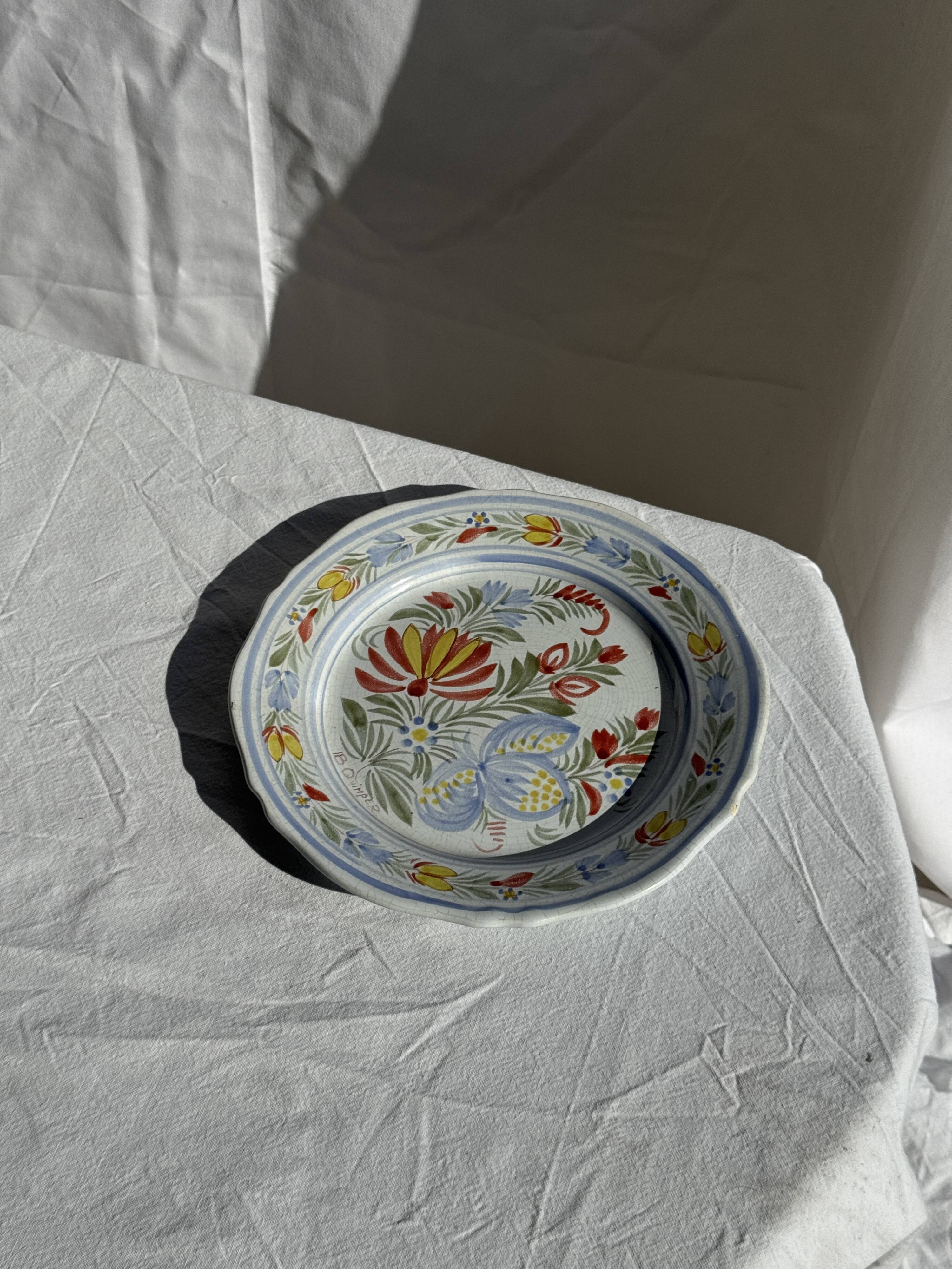 Antique decorative plate IB Quimper with polychrome floral decoration D24