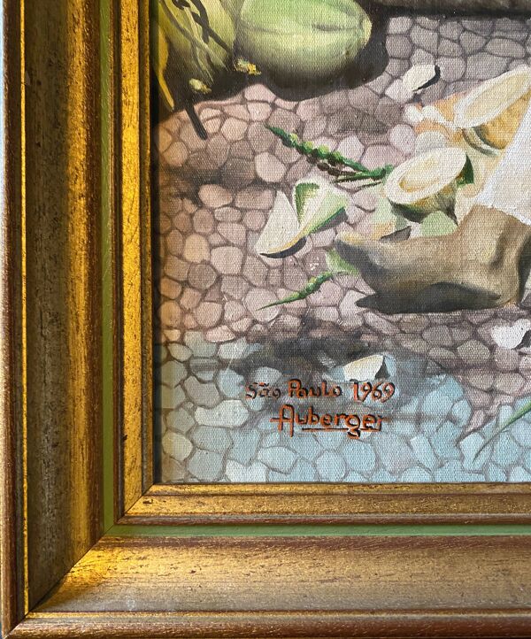 Tableau HSP ''Coupeur de noix de coco'' Sao Paulo signé Auberger 1969 + cadre