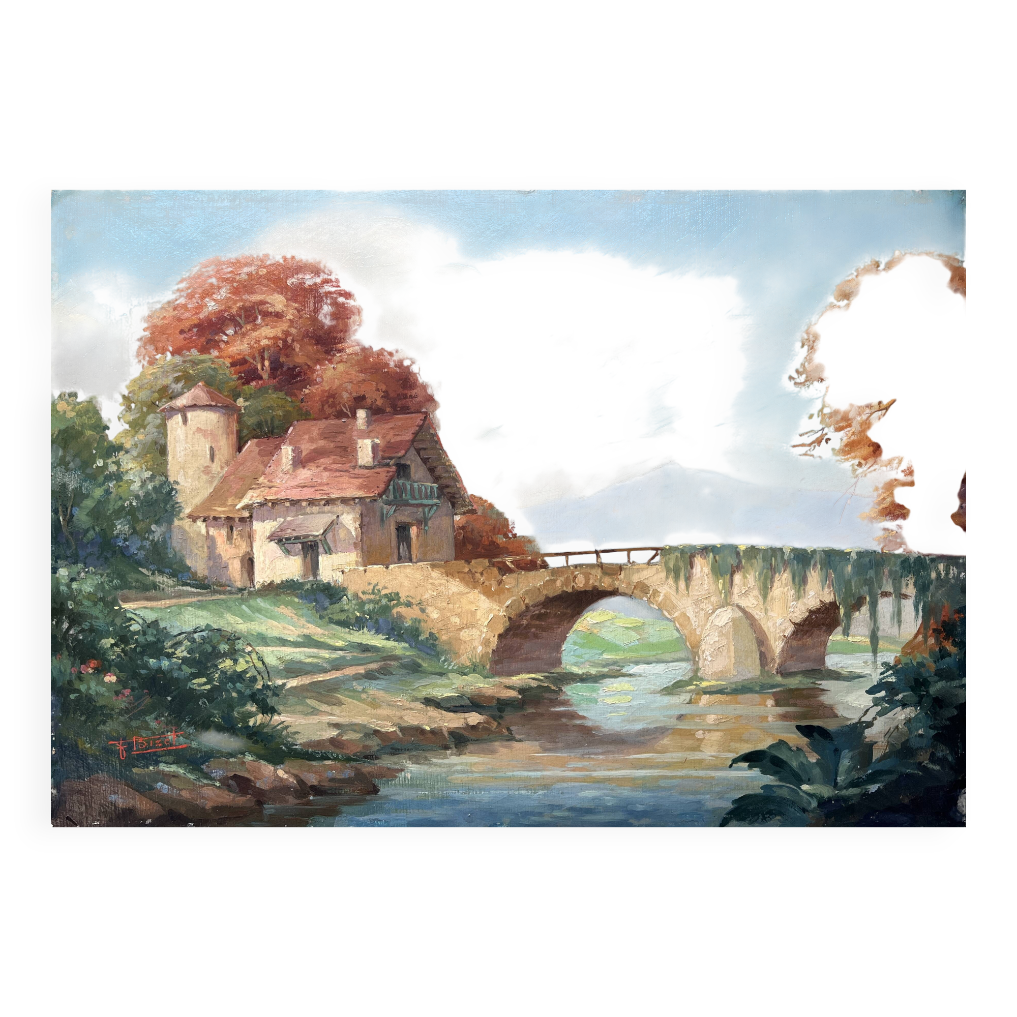 Tableau HSP "Landscape by the River" signed Bizet (mid-20th century school)