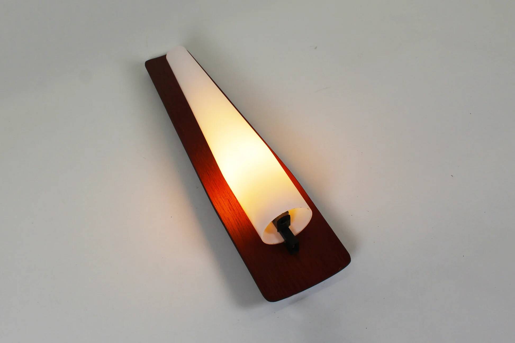 Rare set of wall lamps in teak and opaline glass by Kaiser Leuchten
