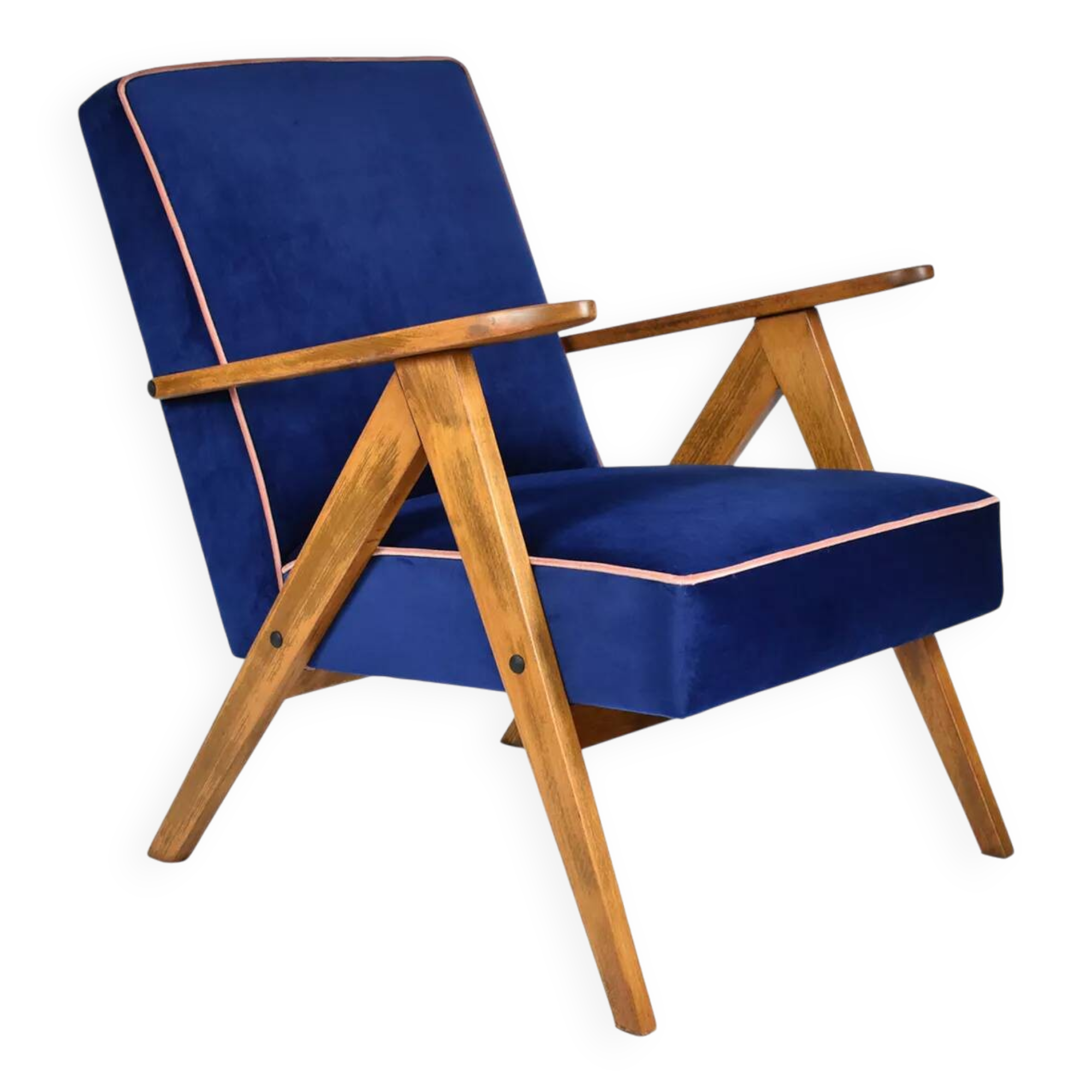 Fauteuil vintage B310 VAR "Compas", Pologne, super restauré, années 1960, velours bleu et rose.