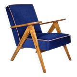 Fauteuil vintage B310 VAR "Compas", Pologne, super restauré, années 1960, velours bleu et rose.