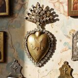 Ancient ex-voto of a flaming heart of Mary, adorned with rhinestones, 19th-20th century.