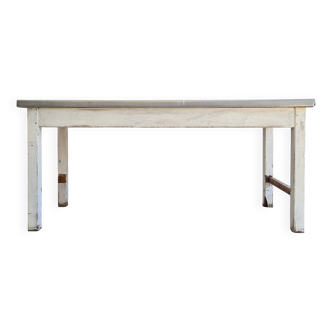 Antique work table in patinated white wood and zinc top - workbench