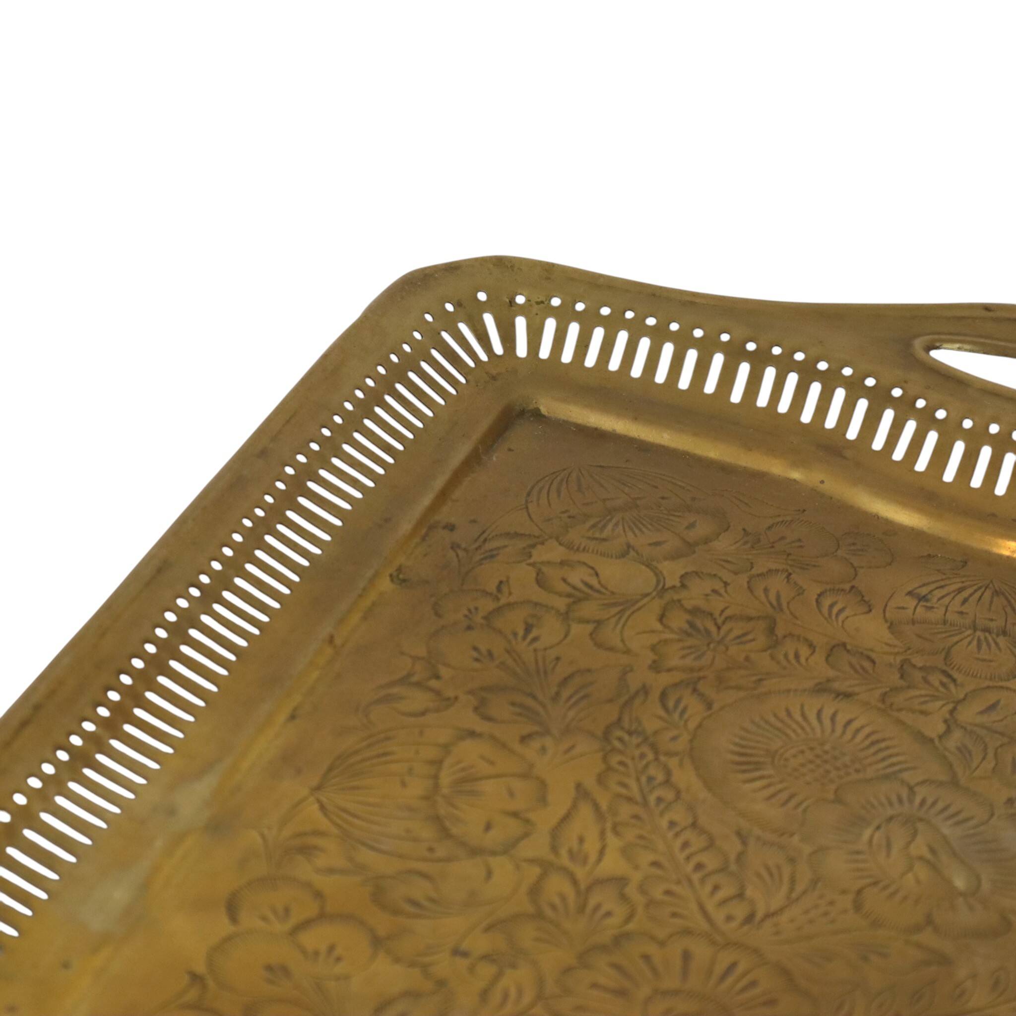 Vintage Oriental Brass Tray with Floral Decoration, 50 cm