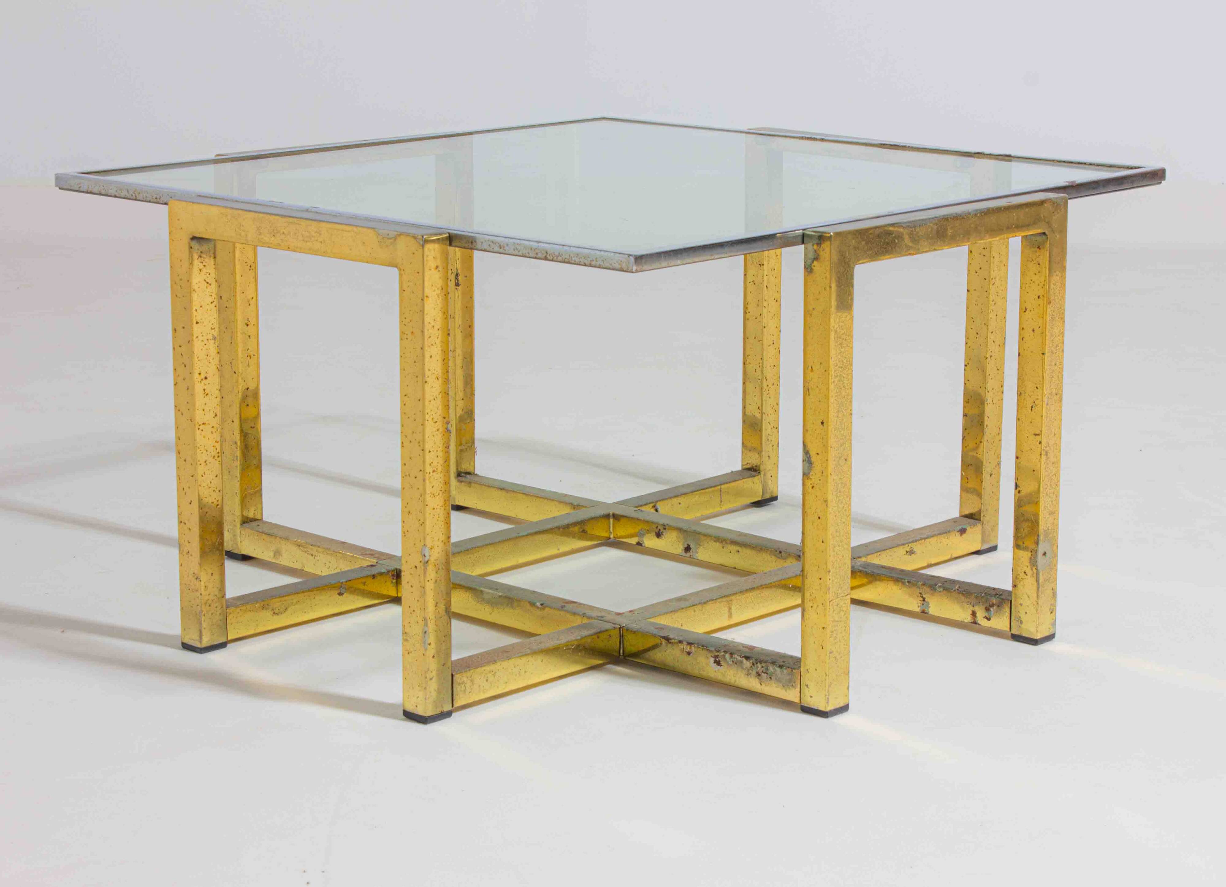 Geometrical regency coffee table in patinated brass, 1970s