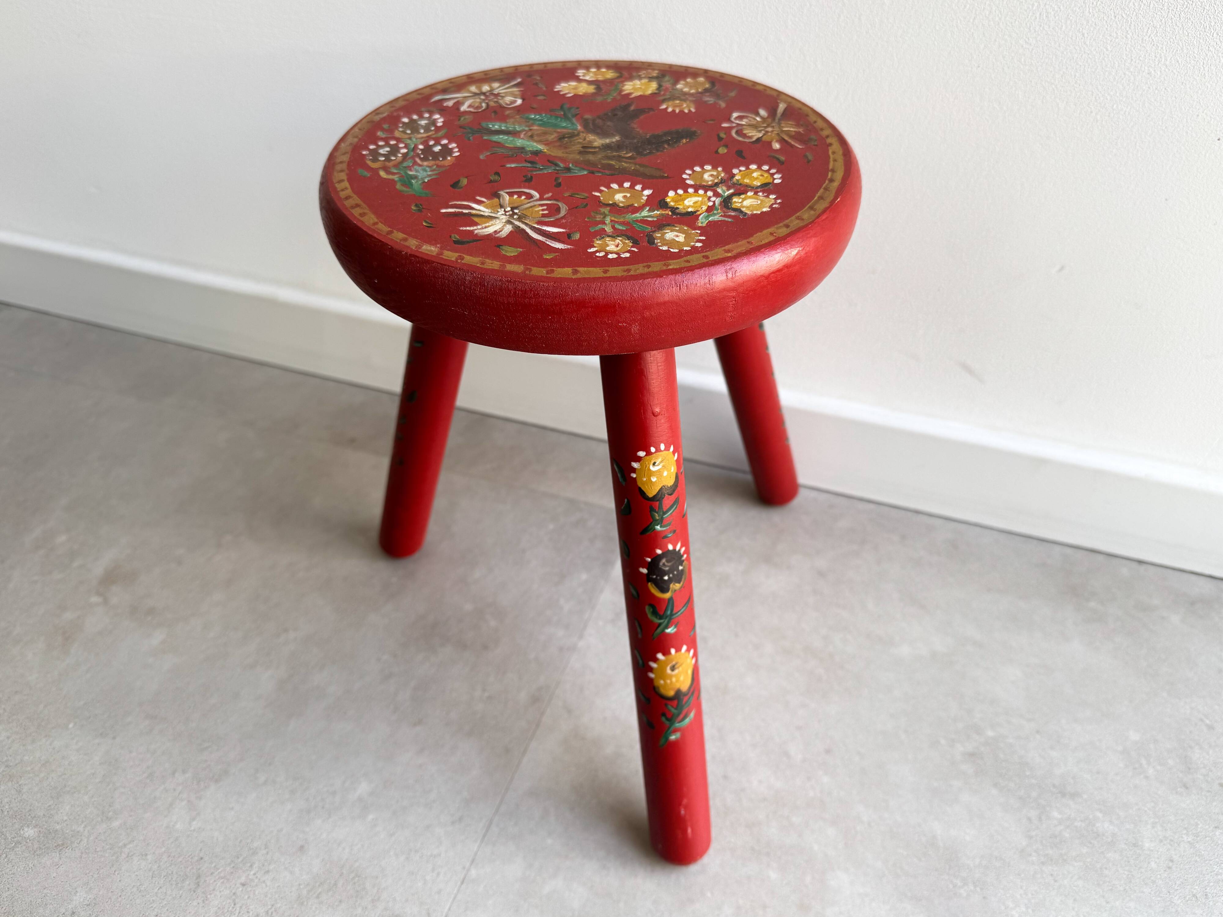 Vintage folk art wooden milk stool / side table