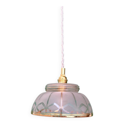 Suspension abat-jour vintage en verre dépoli blanc et doré