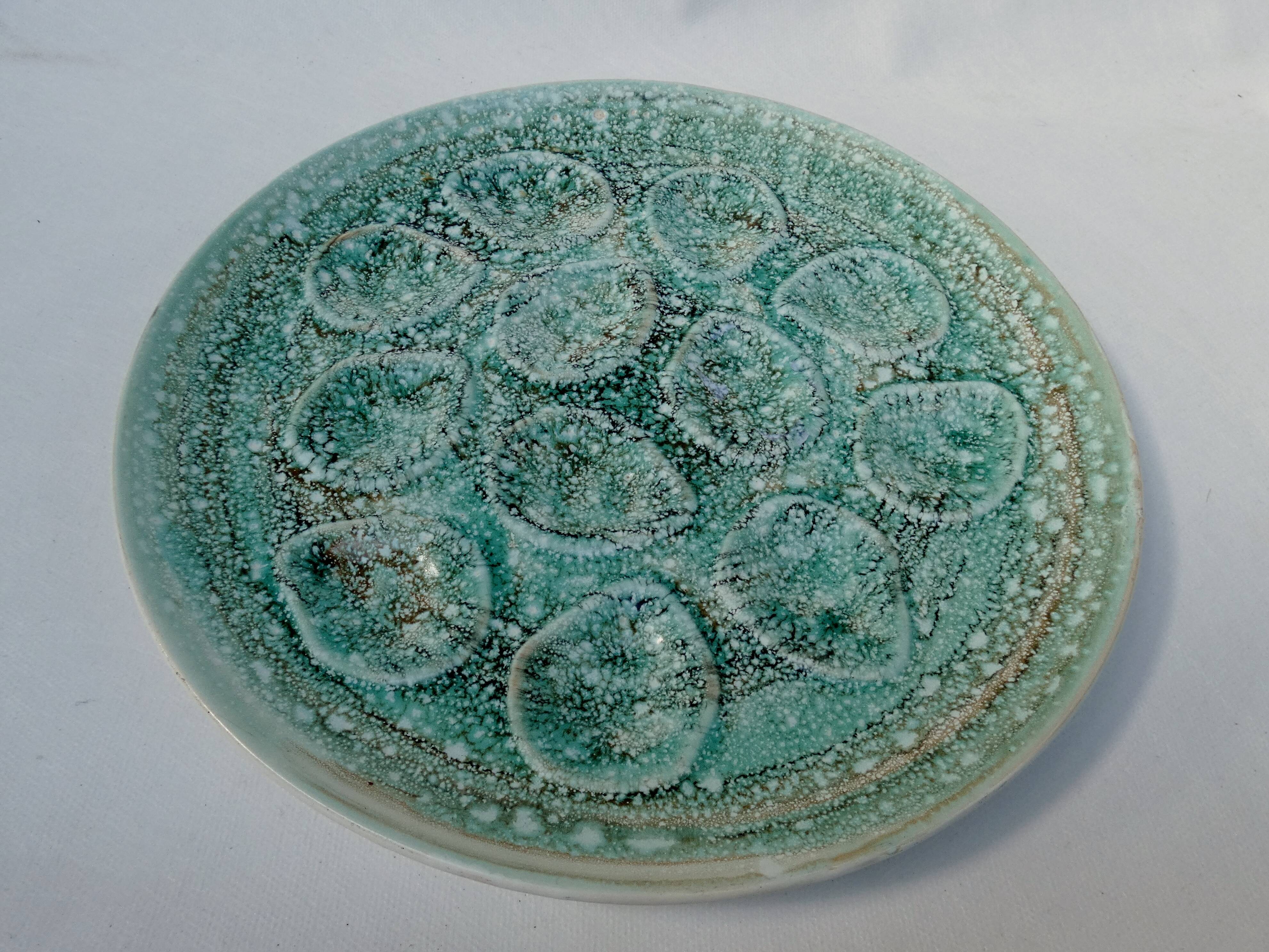 Turquoise ceramic oyster plate signed Niderviller model moss 1950 1960