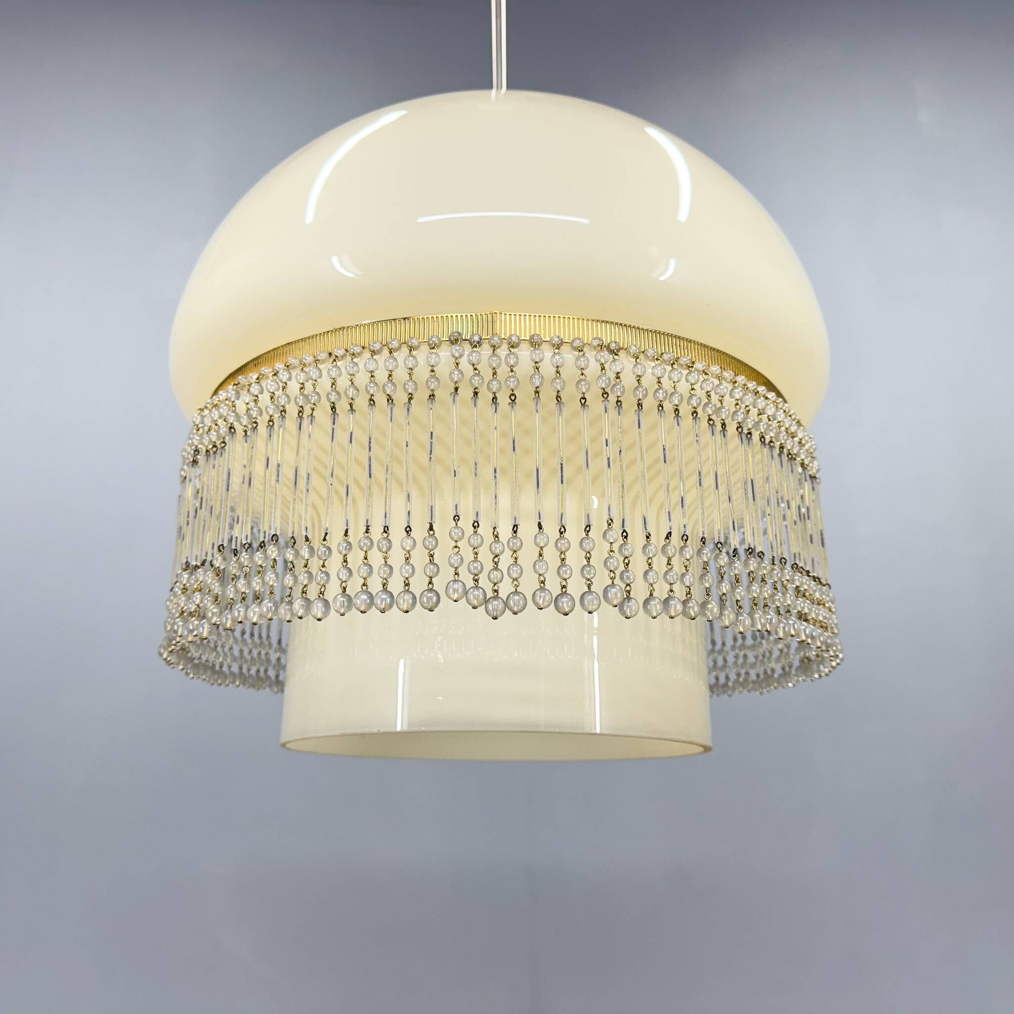 Mid-Century Opaline Glass Pendant Light with Brass Detail & Beads