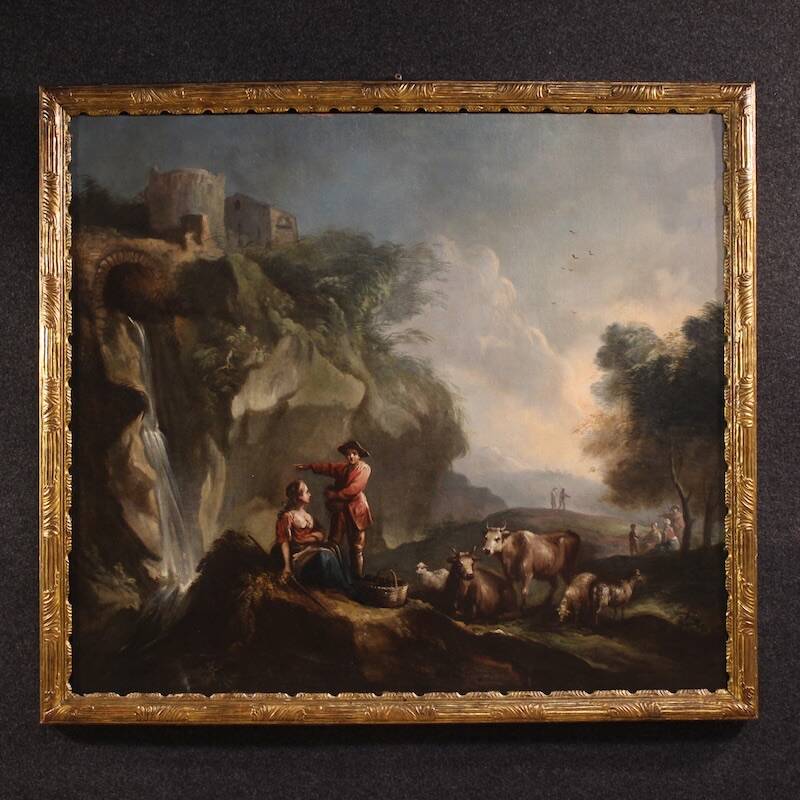 Great 18th century Italian painting, landscape with pastoral scene