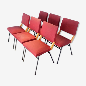 Set of 6 chairs in metal, wood and leatherette of the 1950s