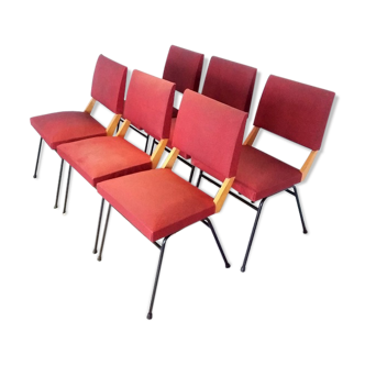Set of 6 chairs in metal, wood and leatherette of the 1950s