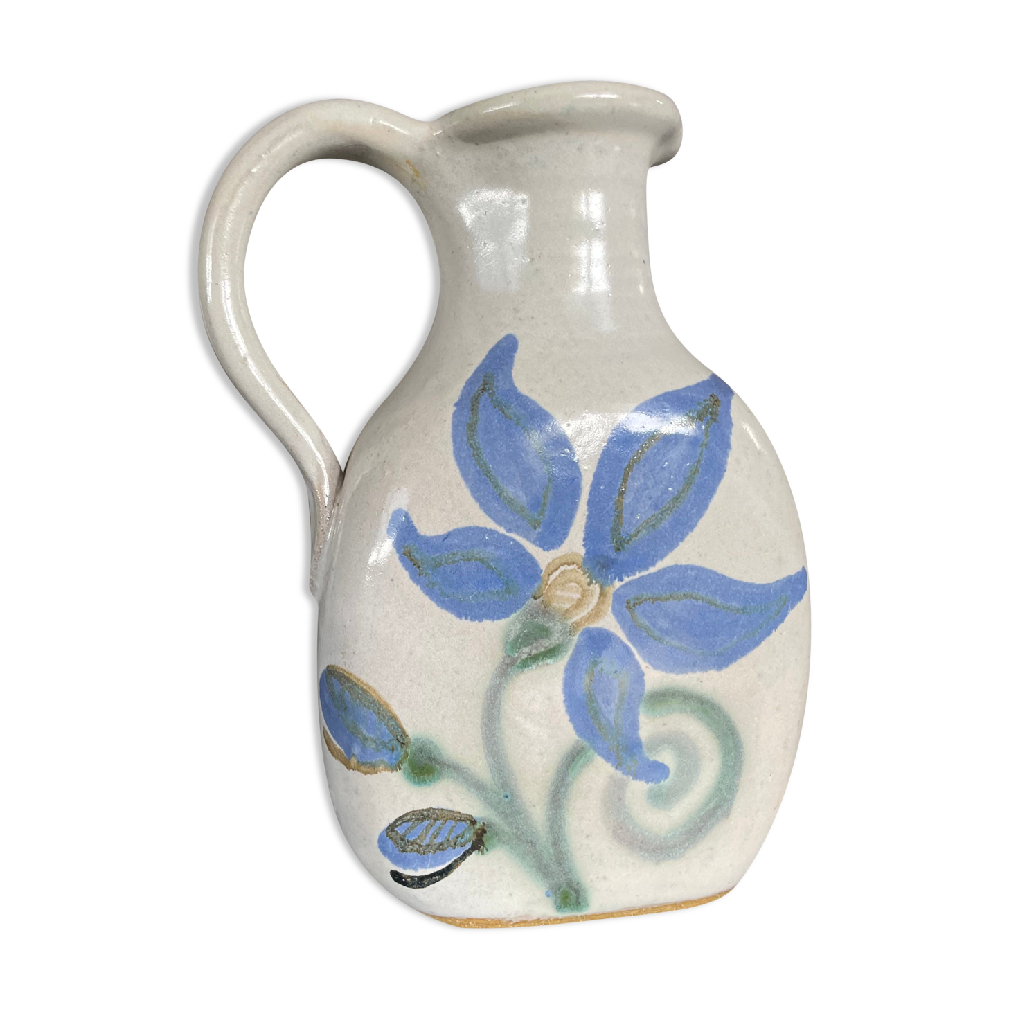 Vintage signed stoneware pitcher jug with floral painting decoration