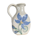 Vintage signed stoneware pitcher jug with floral painting decoration