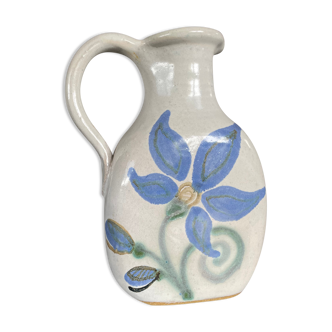 Vintage signed stoneware pitcher jug with floral painting decoration