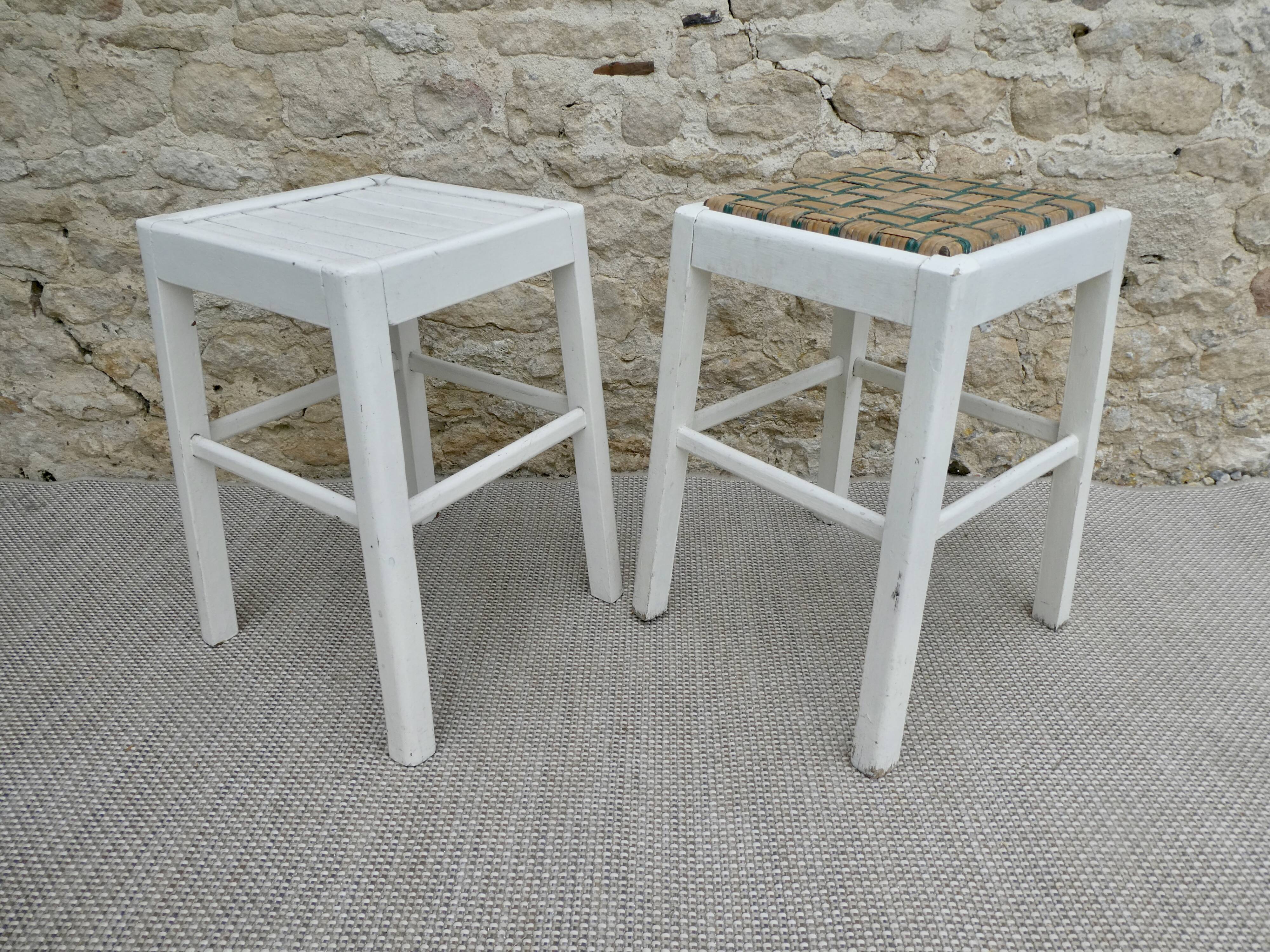 Pair of wooden stools, original white patina