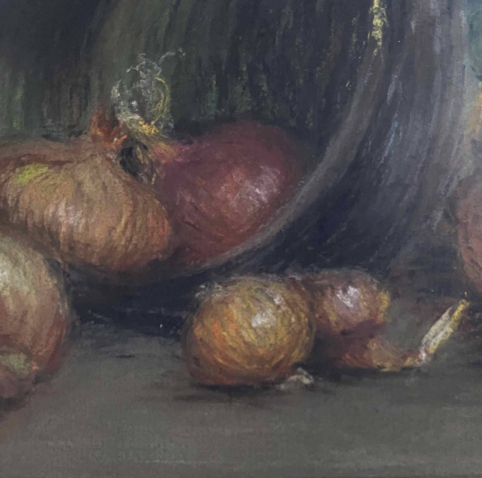 Pastel painting "Still life with onions and bottles" attr. Léonce Pellet
