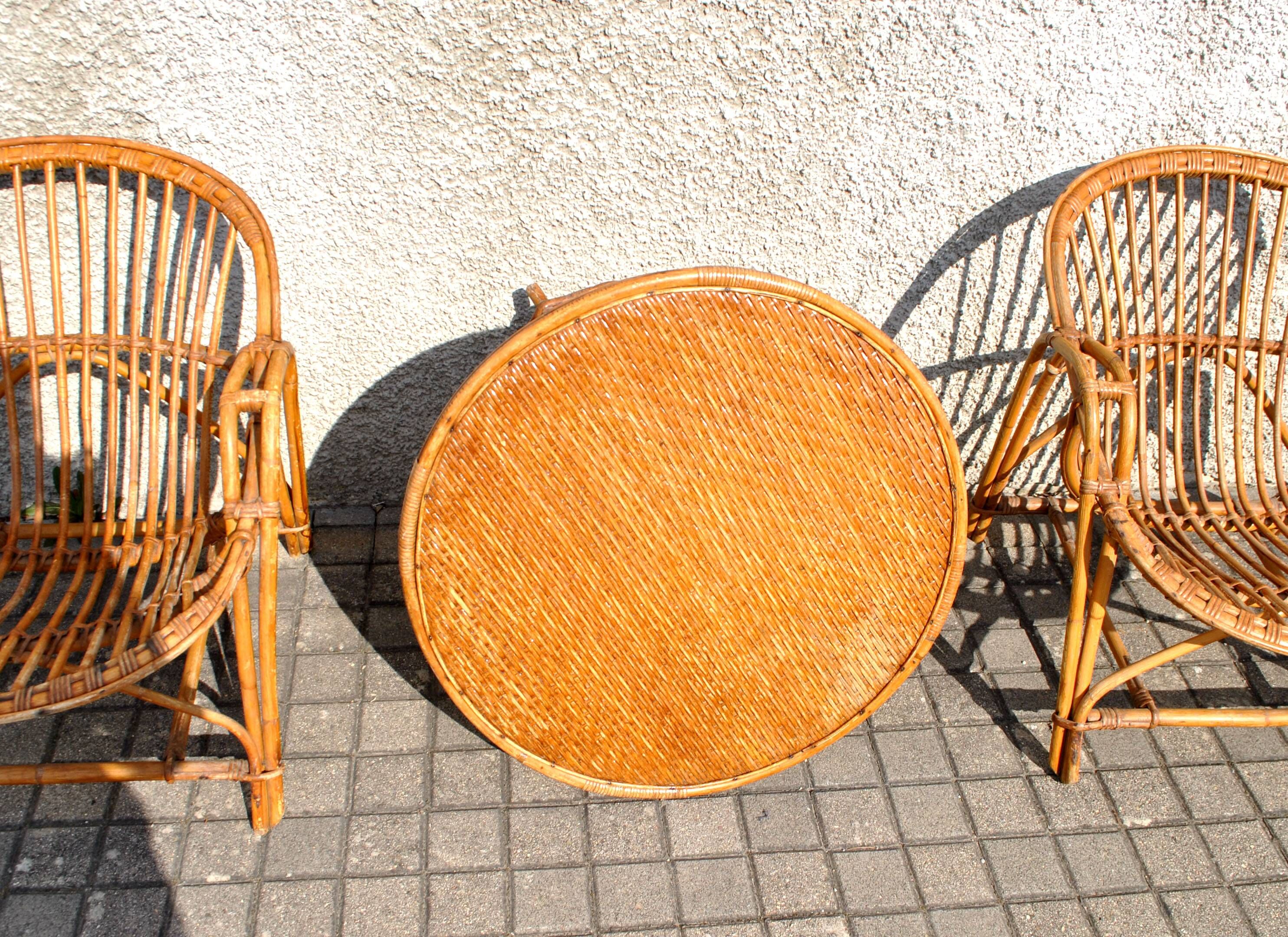 Vintage balcony garden furniture armchairs and table bamboo and rattan 1960