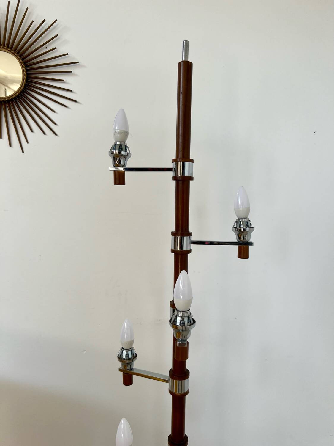 Old Scandinavian design wooden floor lamp from the 60s with 6 vintage lights