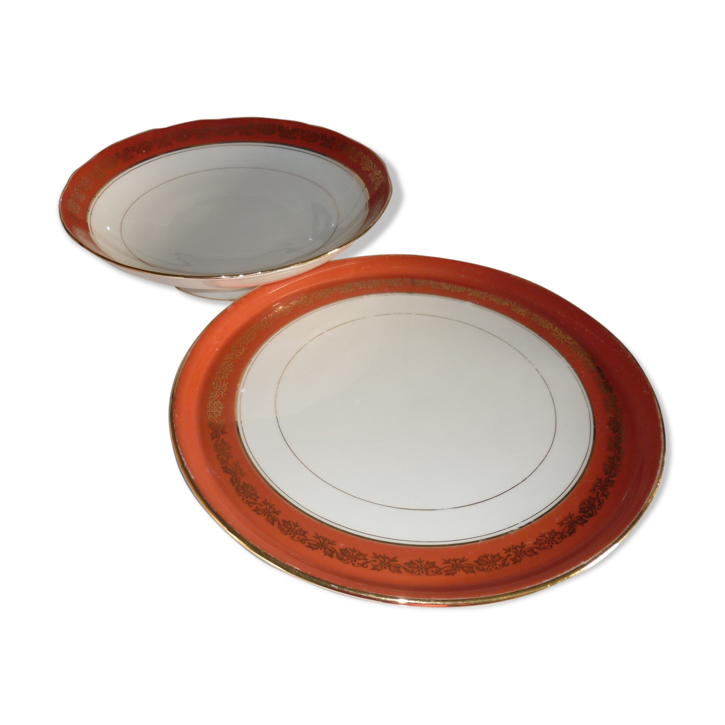 Plate and limoges porcelain dish with orange and gold trim