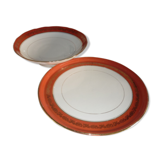 Lot assiette et plat en porcelaine de Limoges avec liseré orange et or