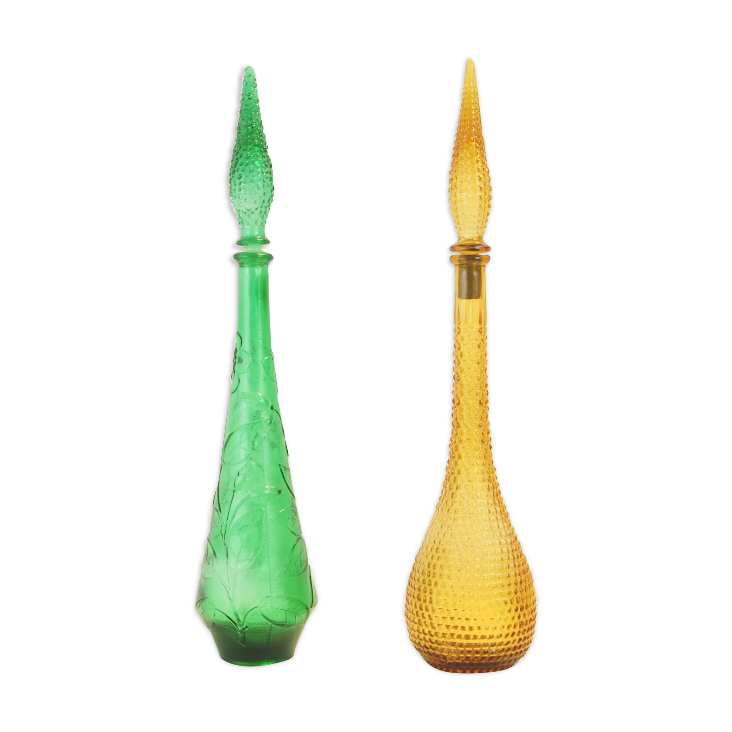 Pair of 2 Italian vintage mid century "Empoli" glass jugs/decanters