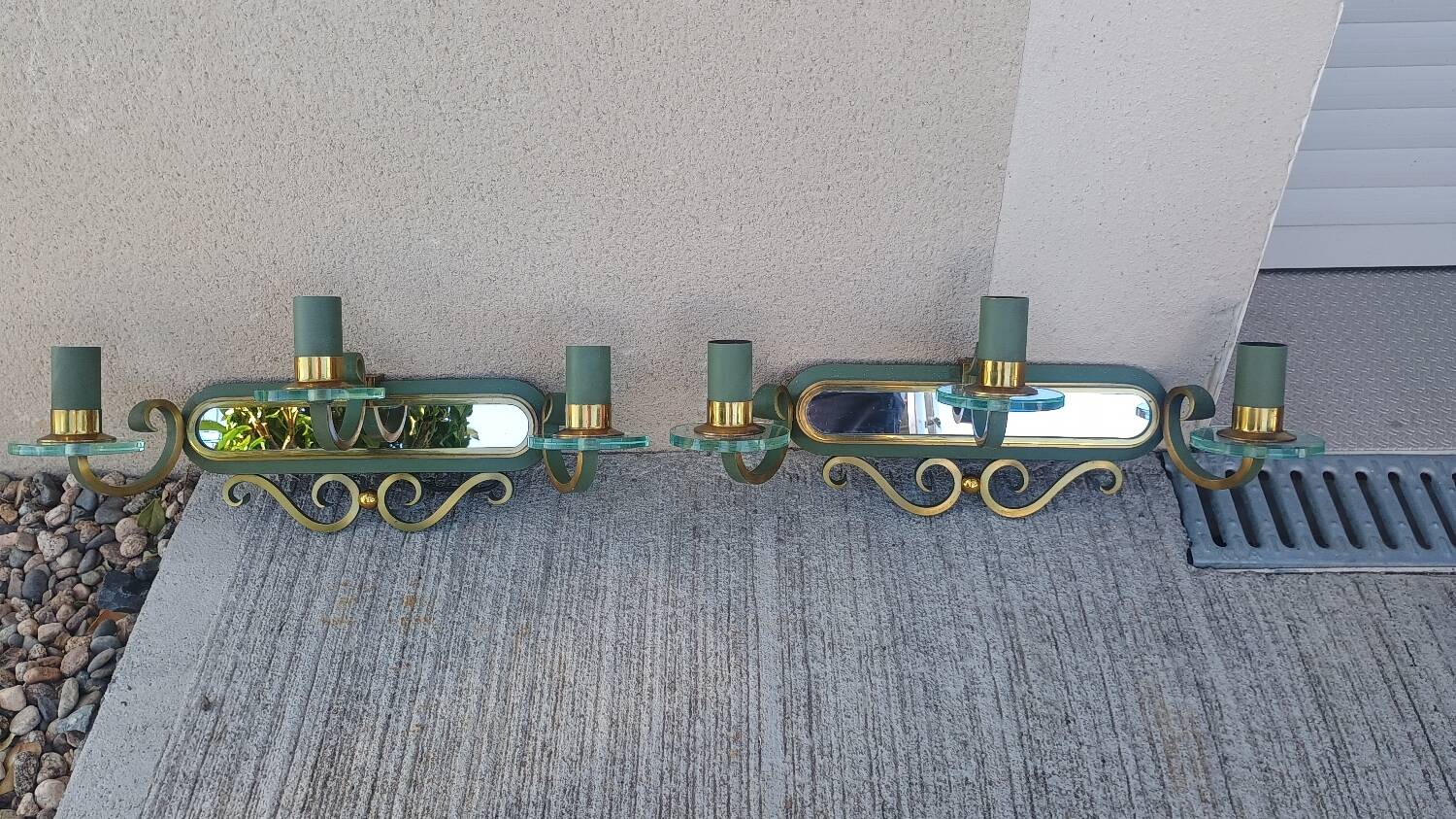 Art Deco luminaire pair of double wall sconces and mirror DLG SUBES AD