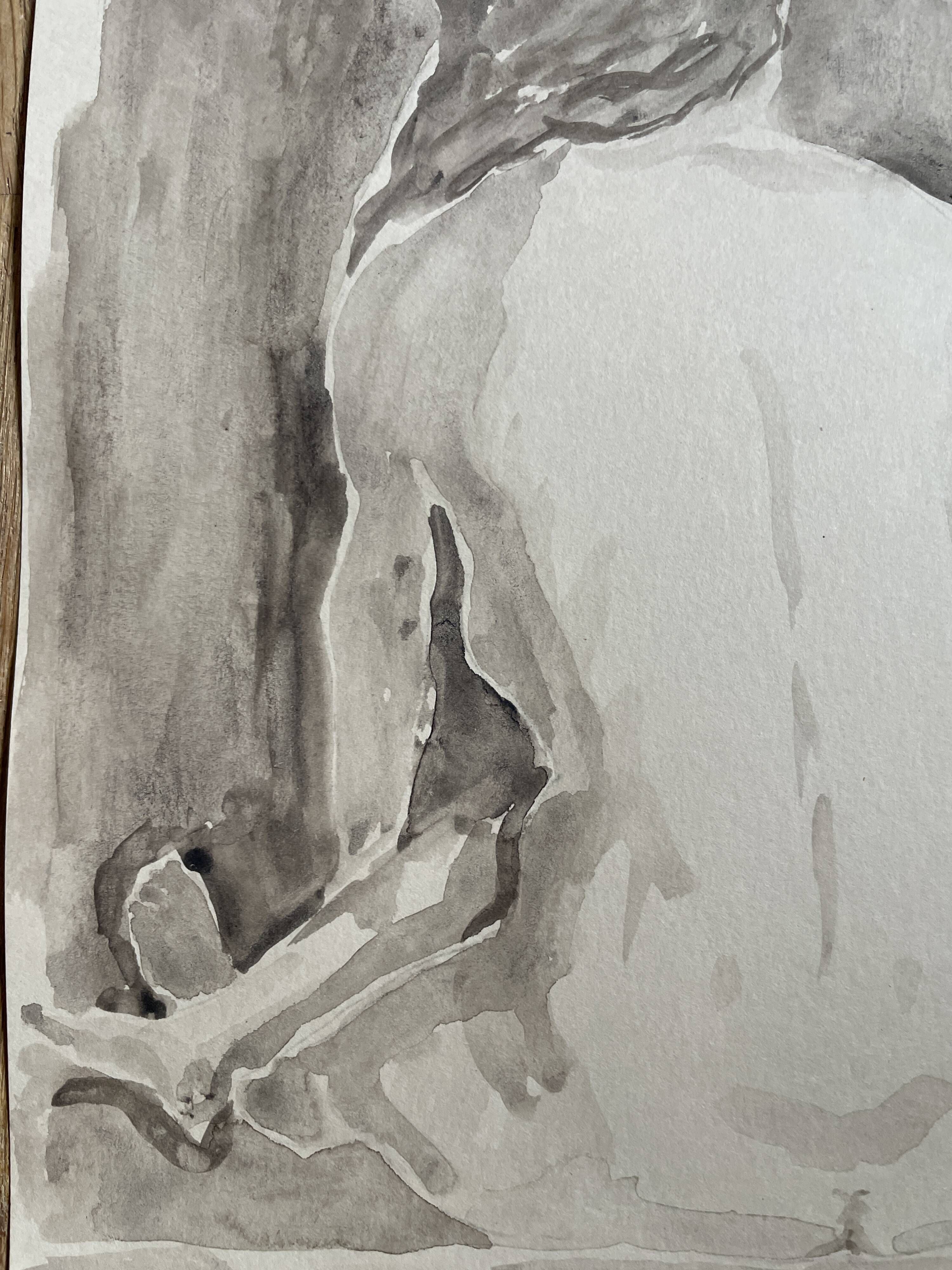 Painting signed watercolor monochrome sepia female nude portrait seated from behind