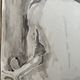 Painting signed watercolor monochrome sepia female nude portrait seated from behind