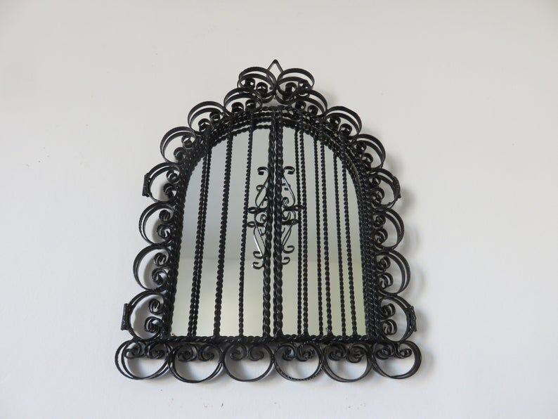 Opening mirror, shuttered, in black wrought iron, Vallauris 50s 60s
