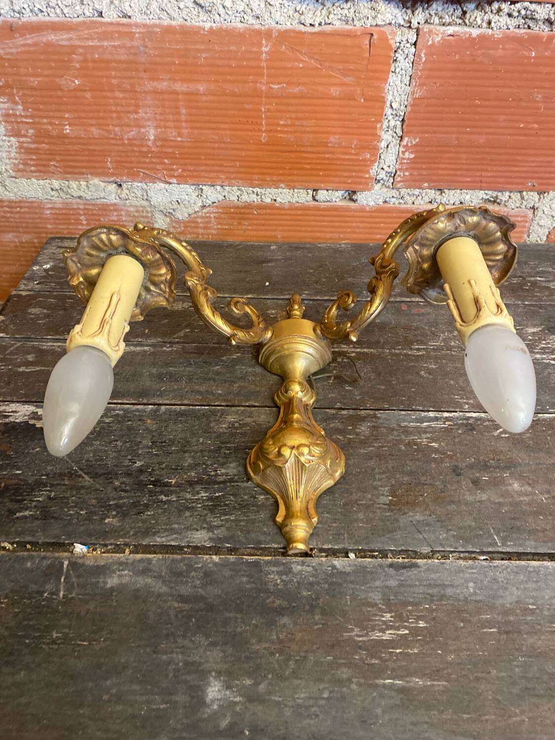 Pair of Double Wall Lights in Antique Louis XV Style, Gilded Bronze Vintage #D67