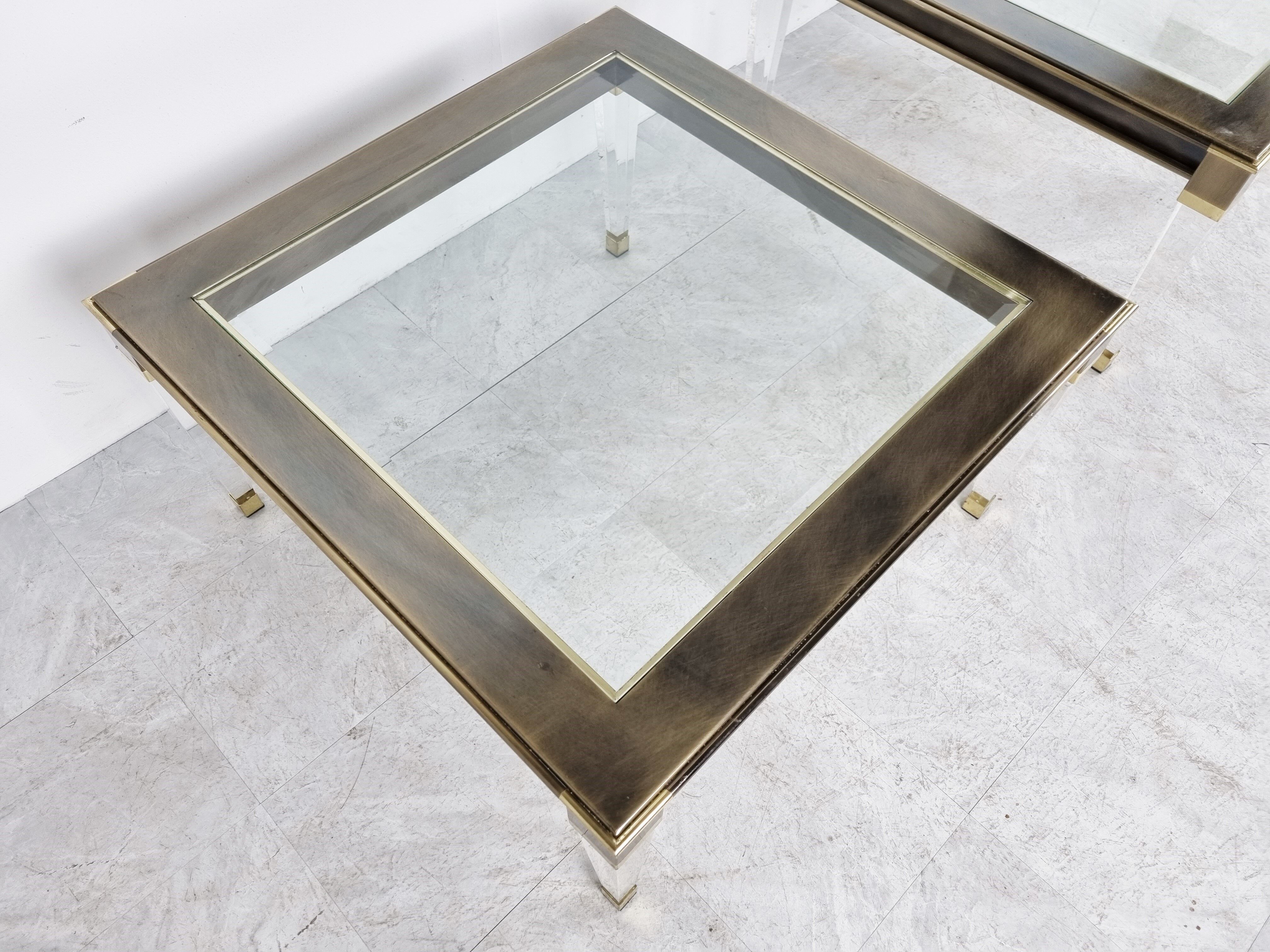 Vintage lucite and brass side tables, 1980s
