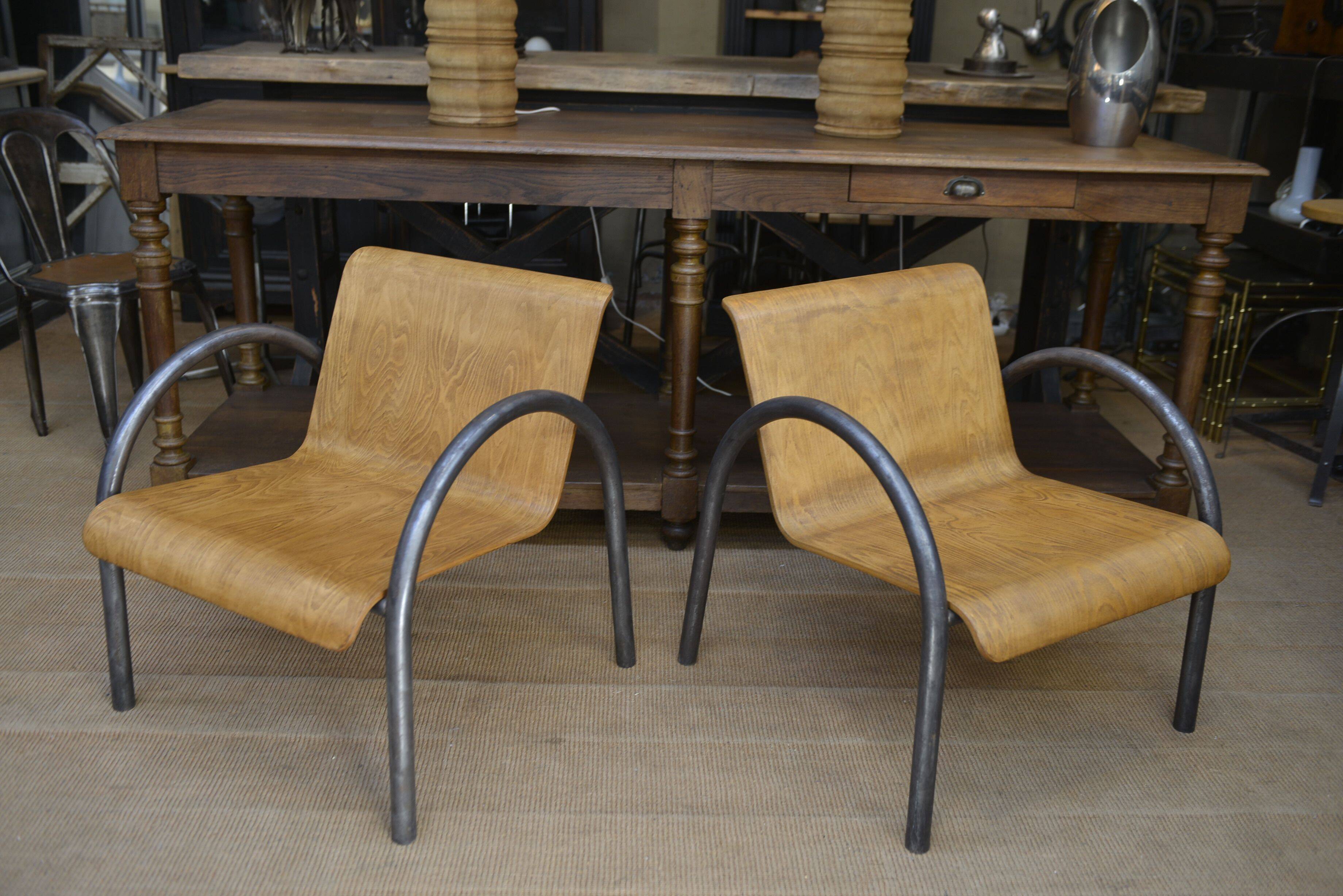 Pair of Vintage Design Armchairs in Metal and Wood, 1950s