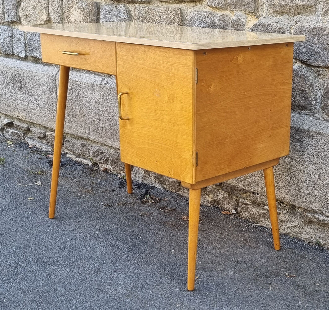Wood and formica desk, compass feet, vintage, 70s