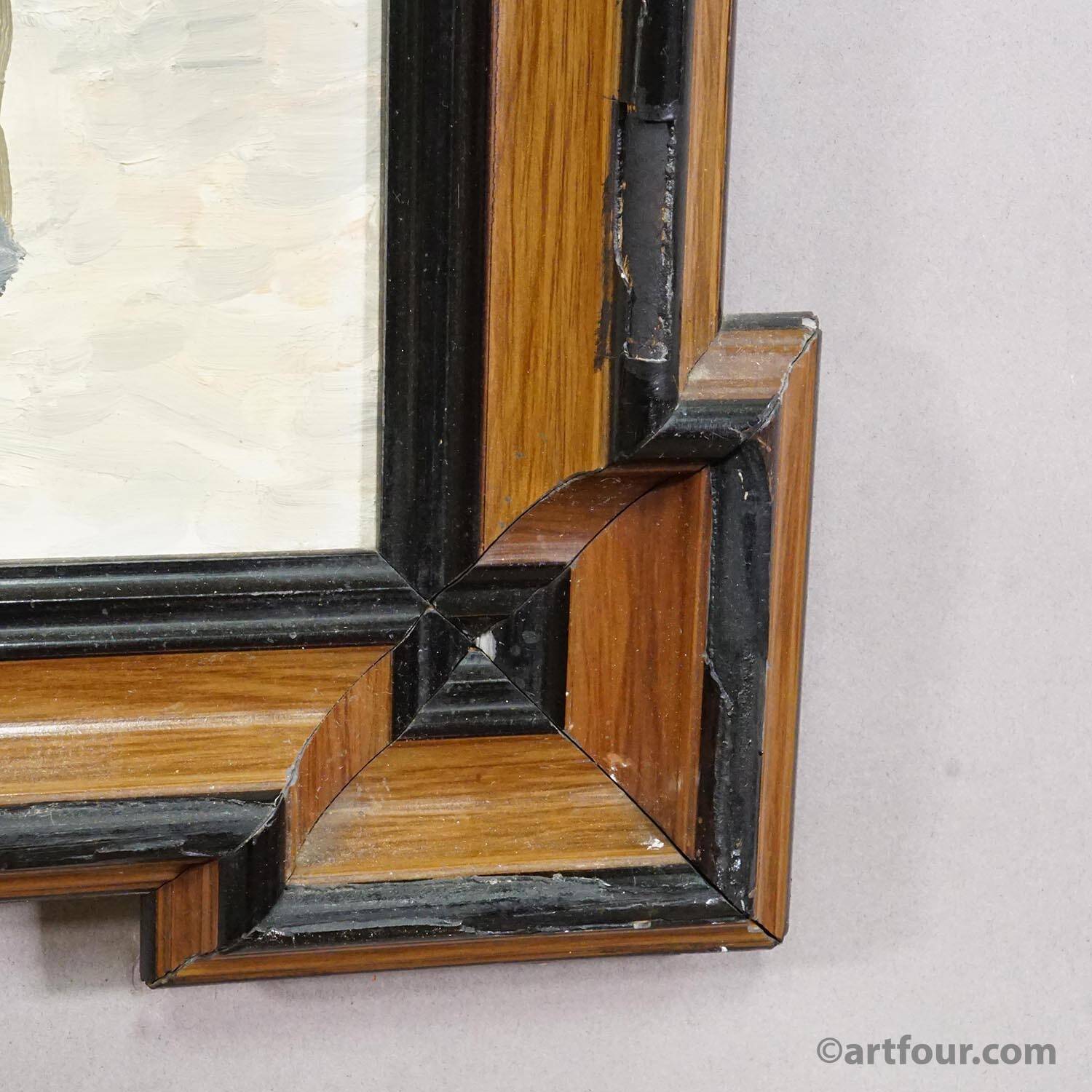 Vintage oil painting of the Viktualienmarkt in winter in Munich by Alexander Michael.