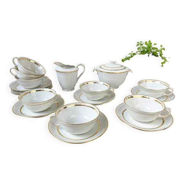 Service à thé/café vintage en porcelaine Bernardaud & Cie Limoges France blanche doré